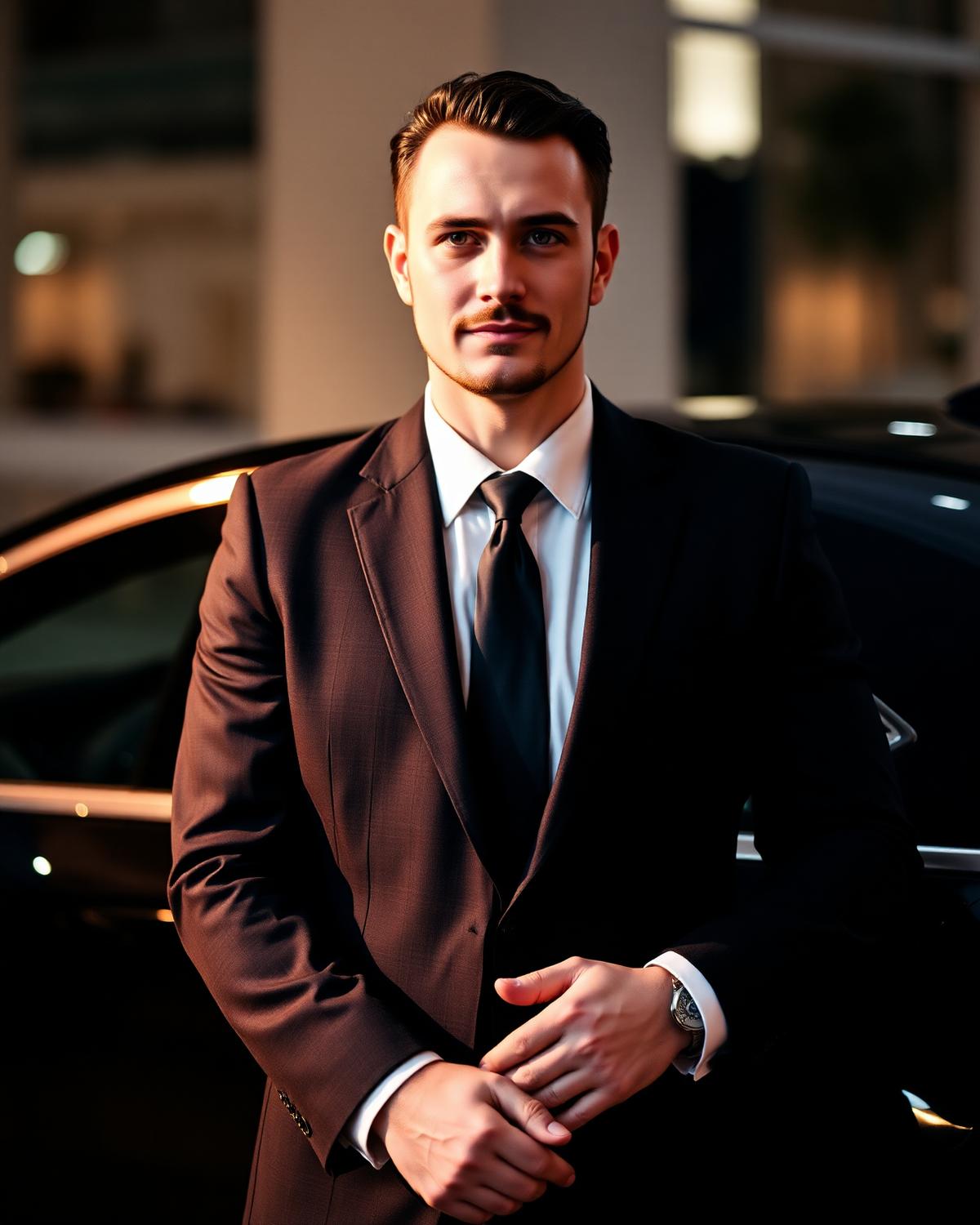 Professional chauffeur standing beside a luxury black SUV
