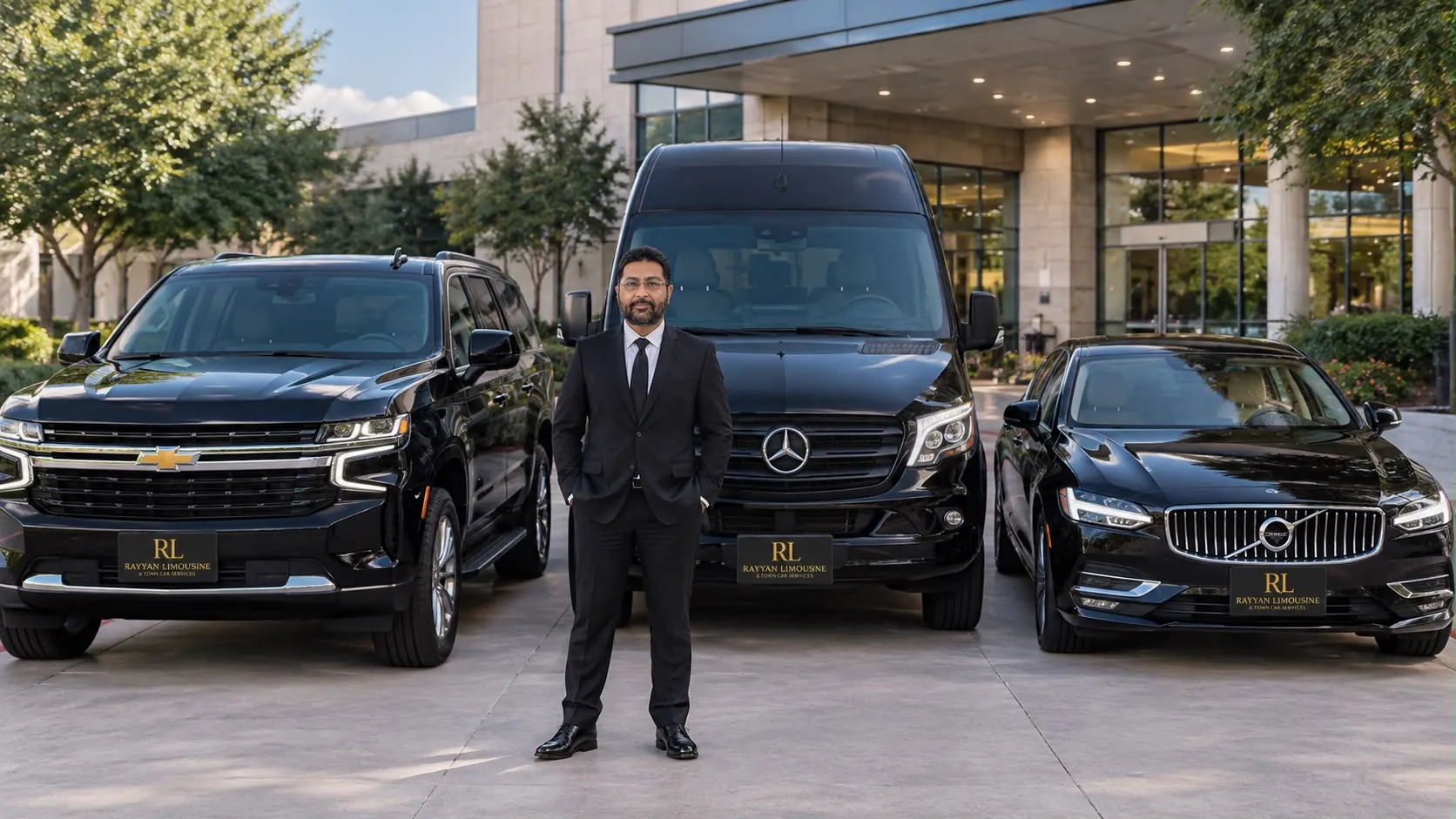 Rayyan's owner standing with the black Chevrolet Suburban, Mercedes-Benz Sprinter, and Volvo sedan